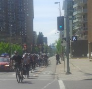 Cyclists took advantage of the new cycle track on 12 Ave. SW